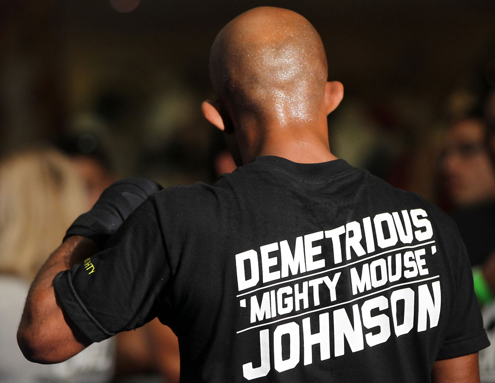 SUNRISE, FL - JUNE 06:   Demetrious Johnson works out for fans and media during the UFC open workouts at Sawgrass Mills Mall on June 6, 2012 in Sunrise, Florida.  (Photo by Josh Hedges/Zuffa LLC/Zuffa LLC via Getty Images)