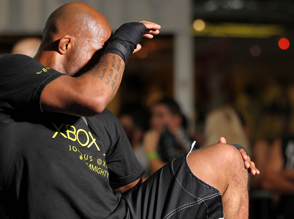 SUNRISE, FL - JUNE 06:   Demetrious Johnson works out for fans and media during the UFC open workouts at Sawgrass Mills Mall on June 6, 2012 in Sunrise, Florida.  (Photo by Josh Hedges/Zuffa LLC/Zuffa LLC via Getty Images)