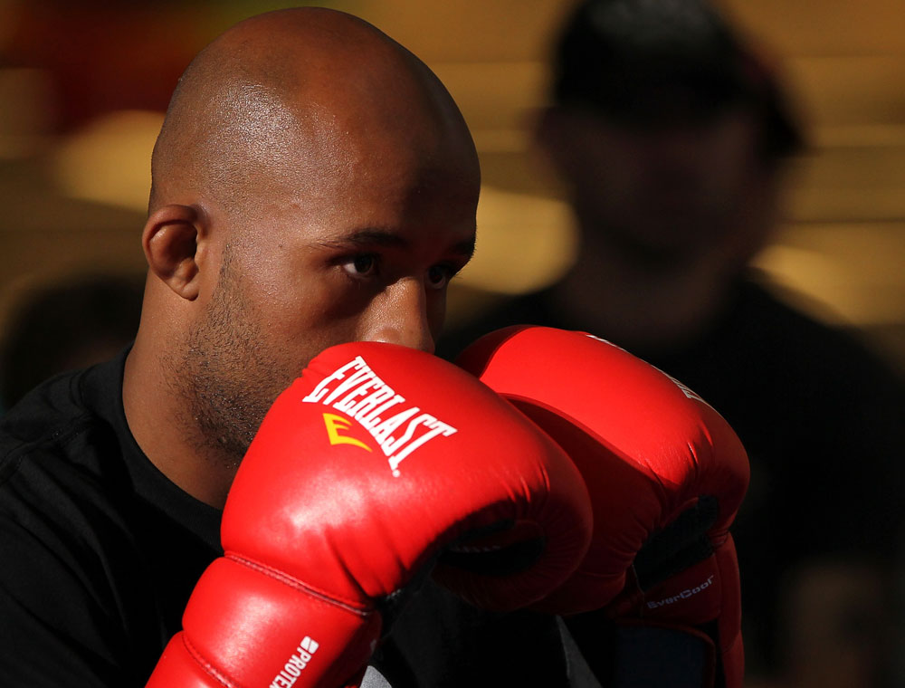 SUNRISE, FL - JUNE 06:   Demetrious Johnson works out for fans and media during the UFC open workouts at Sawgrass Mills Mall on June 6, 2012 in Sunrise, Florida.  (Photo by Josh Hedges/Zuffa LLC/Zuffa LLC via Getty Images)