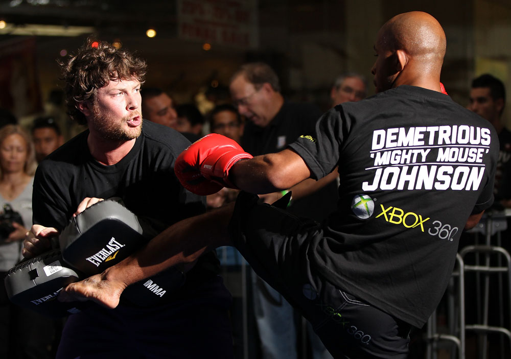 SUNRISE, FL - JUNE 06:   Demetrious Johnson works out for fans and media during the UFC open workouts at Sawgrass Mills Mall on June 6, 2012 in Sunrise, Florida.  (Photo by Josh Hedges/Zuffa LLC/Zuffa LLC via Getty Images)