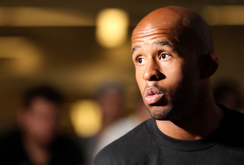 SUNRISE, FL - JUNE 06:   Demetrious Johnson works out for fans and media during the UFC open workouts at Sawgrass Mills Mall on June 6, 2012 in Sunrise, Florida.  (Photo by Josh Hedges/Zuffa LLC/Zuffa LLC via Getty Images)