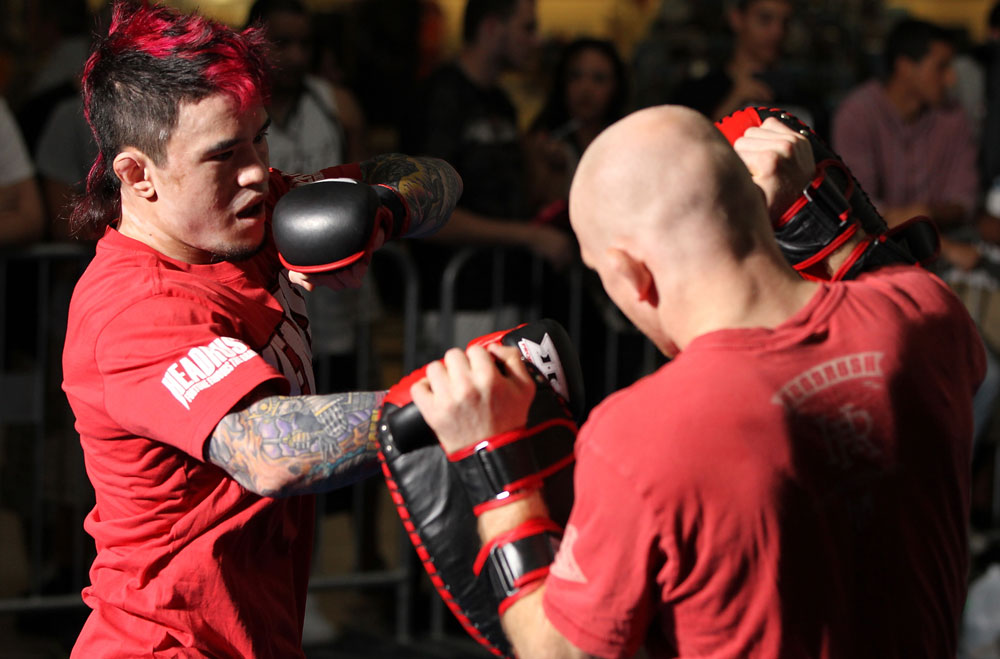 SUNRISE, FL - JUNE 06:   Scott Jorgensen works out for fans and media during the UFC open workouts at Sawgrass Mills Mall on June 6, 2012 in Sunrise, Florida.  (Photo by Josh Hedges/Zuffa LLC/Zuffa LLC via Getty Images)
