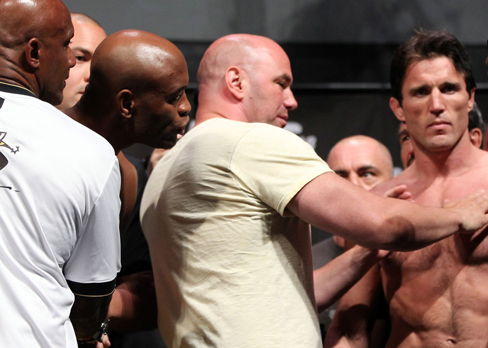 LAS VEGAS, NV - JULY 6: UFC President Dana White separates Anderson Silva (L) and Chael Sonnen (R) during the UFC 148 Weigh In at the Mandalay Bay Events Center on July 6, 2012 in Las Vegas, Nevada. (Photo by Josh Hedges/Zuffa LLC/Zuffa LLC via Getty Images)