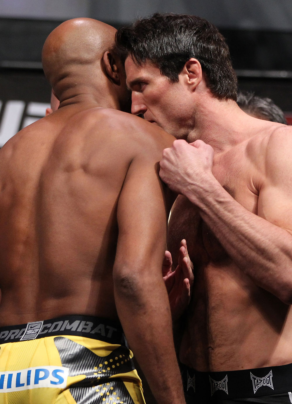 LAS VEGAS, NV - JULY 6: (L-R) Opponents Anderson Silva and Chael Sonnen face off during the UFC 148 Weigh In at the Mandalay Bay Events Center on July 6, 2012 in Las Vegas, Nevada. (Photo by Josh Hedges/Zuffa LLC/Zuffa LLC via Getty Images)