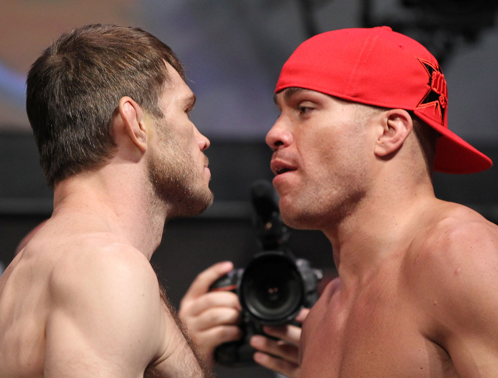 LAS VEGAS, NV - JULY 6: (L-R) Opponents Forrest Griffin and Tito Ortiz face off during the UFC 148 Weigh In at the Mandalay Bay Events Center on July 6, 2012 in Las Vegas, Nevada. (Photo by Josh Hedges/Zuffa LLC/Zuffa LLC via Getty Images)