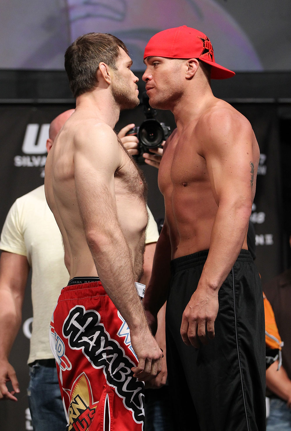 LAS VEGAS, NV - JULY 6: (L-R) Opponents Forrest Griffin and Tito Ortiz face off during the UFC 148 Weigh In at the Mandalay Bay Events Center on July 6, 2012 in Las Vegas, Nevada. (Photo by Josh Hedges/Zuffa LLC/Zuffa LLC via Getty Images)