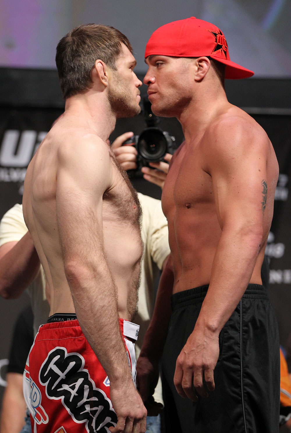 LAS VEGAS, NV - JULY 6: (L-R) Opponents Forrest Griffin and Tito Ortiz face off during the UFC 148 Weigh In at the Mandalay Bay Events Center on July 6, 2012 in Las Vegas, Nevada. (Photo by Josh Hedges/Zuffa LLC/Zuffa LLC via Getty Images)