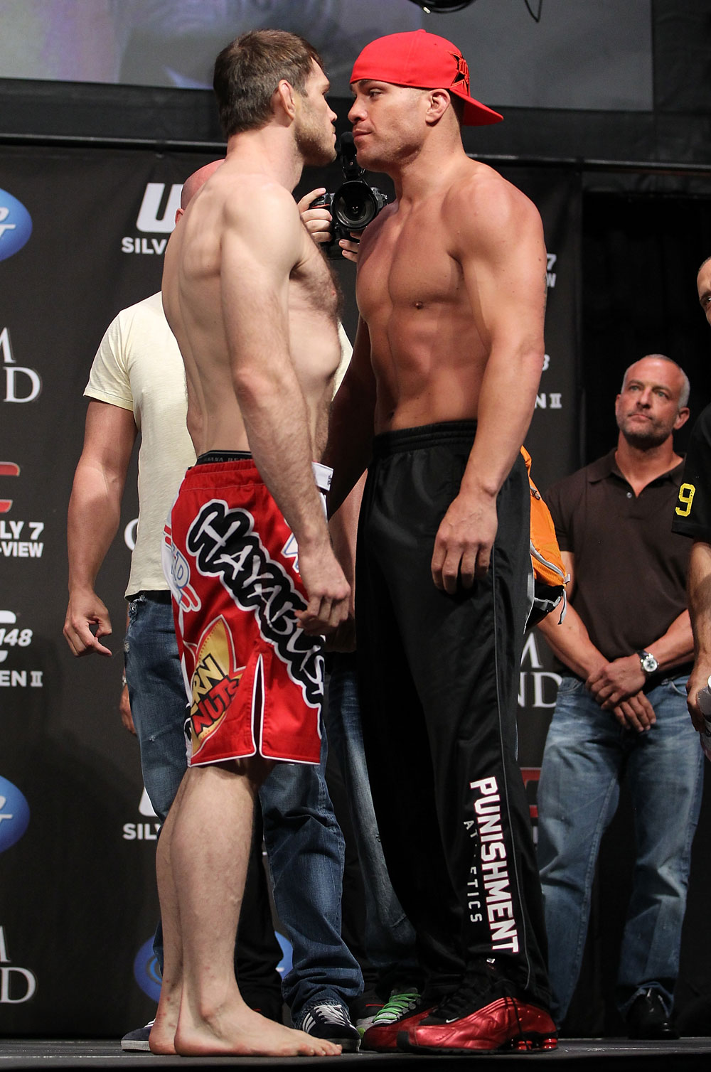 LAS VEGAS, NV - JULY 6: (L-R) Opponents Forrest Griffin and Tito Ortiz face off during the UFC 148 Weigh In at the Mandalay Bay Events Center on July 6, 2012 in Las Vegas, Nevada. (Photo by Josh Hedges/Zuffa LLC/Zuffa LLC via Getty Images)