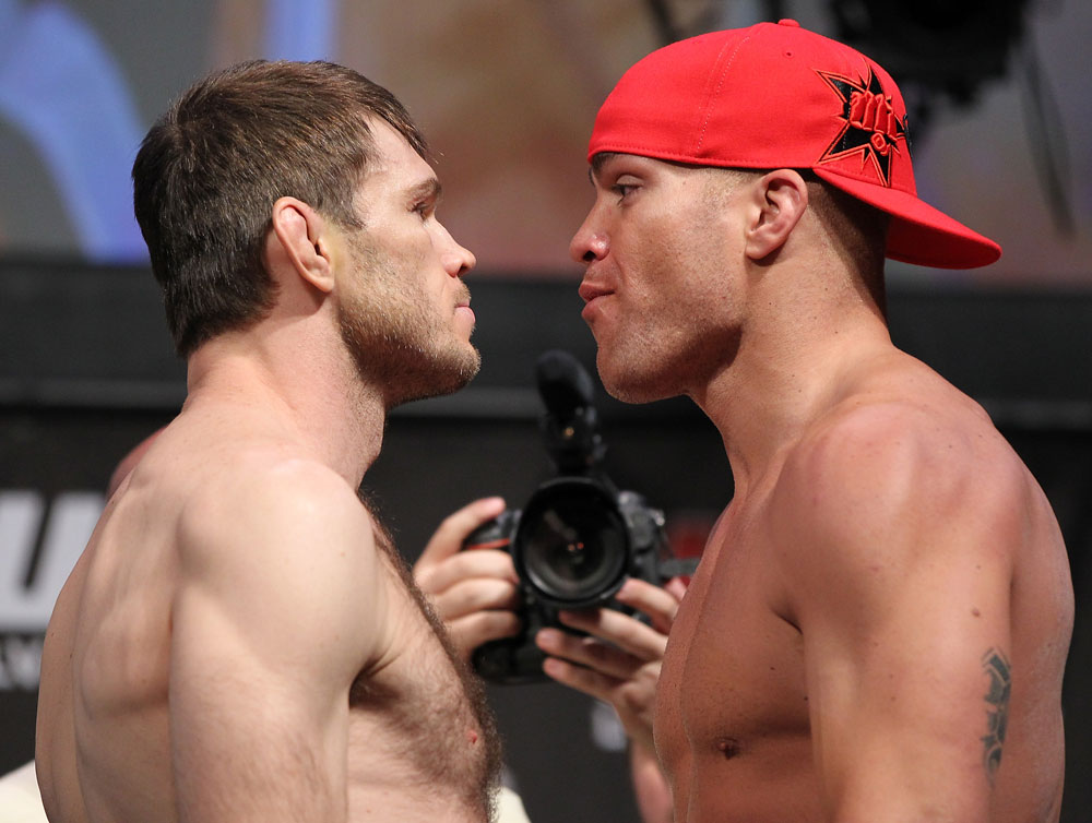 LAS VEGAS, NV - JULY 6: (L-R) Opponents Forrest Griffin and Tito Ortiz face off during the UFC 148 Weigh In at the Mandalay Bay Events Center on July 6, 2012 in Las Vegas, Nevada. (Photo by Josh Hedges/Zuffa LLC/Zuffa LLC via Getty Images)