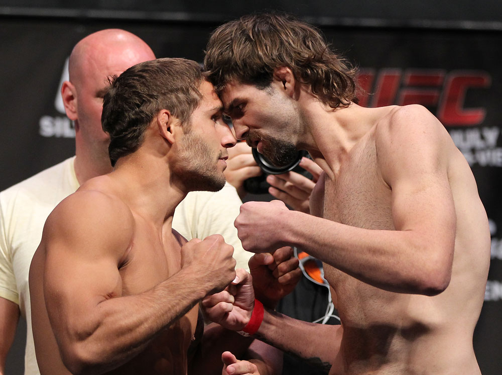 LAS VEGAS, NV - JULY 6: (L-R) Opponents Chad Mendes and Cody McKenzie face off during the UFC 148 Weigh In at the Mandalay Bay Events Center on July 6, 2012 in Las Vegas, Nevada. (Photo by Josh Hedges/Zuffa LLC/Zuffa LLC via Getty Images)
