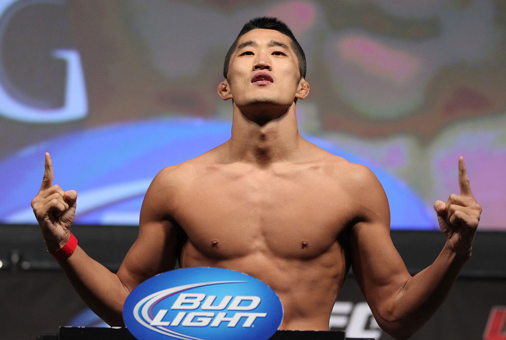 LAS VEGAS, NV - JULY 6: Dong Hyun Kim makes weight during the UFC 148 Weigh In at the Mandalay Bay Events Center on July 6, 2012 in Las Vegas, Nevada. (Photo by Josh Hedges/Zuffa LLC/Zuffa LLC via Getty Images)