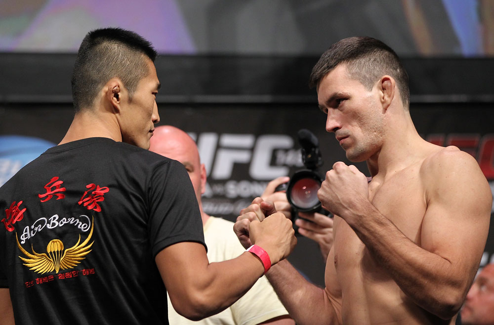 LAS VEGAS, NV - JULY 6: (L-R) Opponents Dong Hyun Kim and Demian Maia face off during the UFC 148 Weigh In at the Mandalay Bay Events Center on July 6, 2012 in Las Vegas, Nevada. (Photo by Josh Hedges/Zuffa LLC/Zuffa LLC via Getty Images)