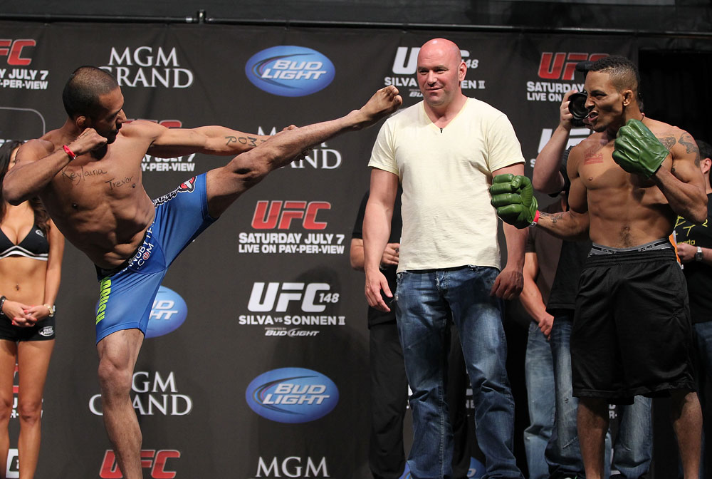 LAS VEGAS, NV - JULY 6: (L-R) Opponents Ivan Menjivar and Mike Easton face off during the UFC 148 Weigh In at the Mandalay Bay Events Center on July 6, 2012 in Las Vegas, Nevada. (Photo by Josh Hedges/Zuffa LLC/Zuffa LLC via Getty Images)