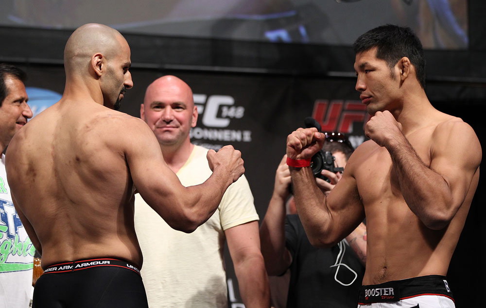 LAS VEGAS, NV - JULY 6: (L-R) Opponents Constantinos Philippou and Riki Fukuda face off during the UFC 148 Weigh In at the Mandalay Bay Events Center on July 6, 2012 in Las Vegas, Nevada. (Photo by Josh Hedges/Zuffa LLC/Zuffa LLC via Getty Images)