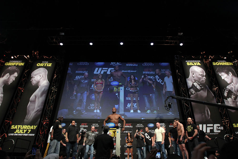 LAS VEGAS, NV - JULY 6: <<CAPTION>> during the UFC 148 Weigh In at the Mandalay Bay Events Center on July 6, 2012 in Las Vegas, Nevada. (Photo by Josh Hedges/Zuffa LLC/Zuffa LLC via Getty Images)