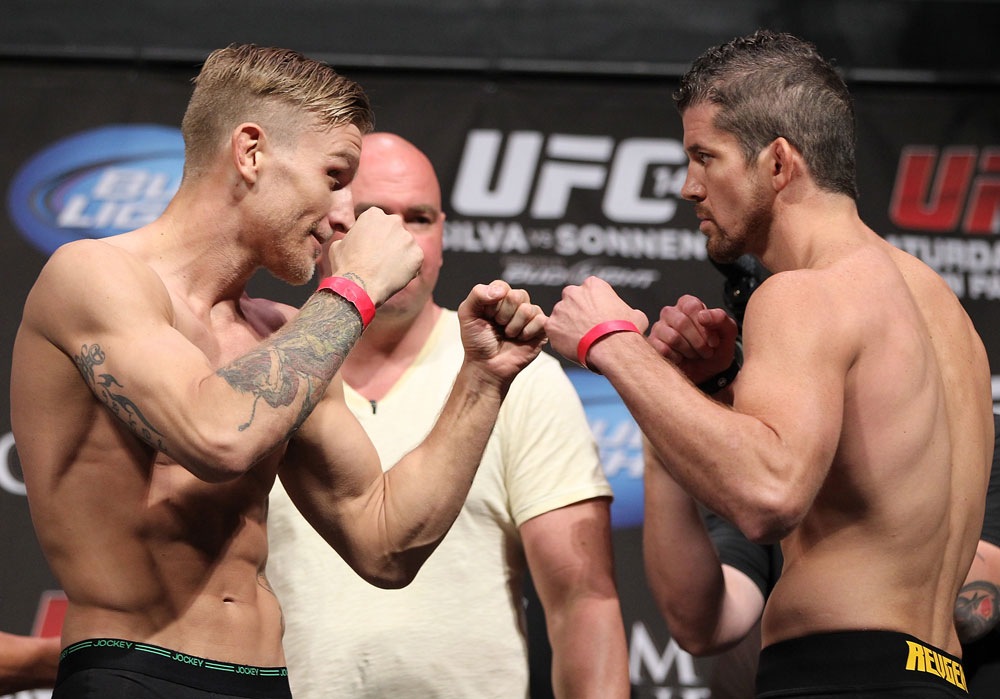LAS VEGAS, NV - JULY 6: (L-R) Opponents John Alessio and Shane Roller face off during the UFC 148 Weigh In at the Mandalay Bay Events Center on July 6, 2012 in Las Vegas, Nevada. (Photo by Josh Hedges/Zuffa LLC/Zuffa LLC via Getty Images)