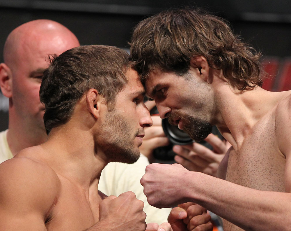 LAS VEGAS, NV - JULY 6: (L-R) Opponents Chad Mendes and Cody McKenzie face off during the UFC 148 Weigh In at the Mandalay Bay Events Center on July 6, 2012 in Las Vegas, Nevada. (Photo by Josh Hedges/Zuffa LLC/Zuffa LLC via Getty Images)