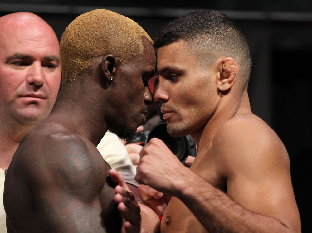 LAS VEGAS, NV - JULY 6: (L-R) Opponents Melvin Guillard and Fabricio Camoes face off during the UFC 148 Weigh In at the Mandalay Bay Events Center on July 6, 2012 in Las Vegas, Nevada. (Photo by Josh Hedges/Zuffa LLC/Zuffa LLC via Getty Images)