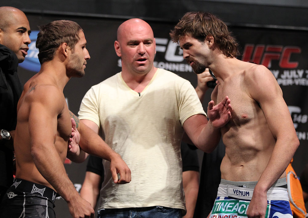 LAS VEGAS, NV - JULY 6: (L-R) Opponents Chad Mendes and Cody McKenzie face off during the UFC 148 Weigh In at the Mandalay Bay Events Center on July 6, 2012 in Las Vegas, Nevada. (Photo by Josh Hedges/Zuffa LLC/Zuffa LLC via Getty Images)