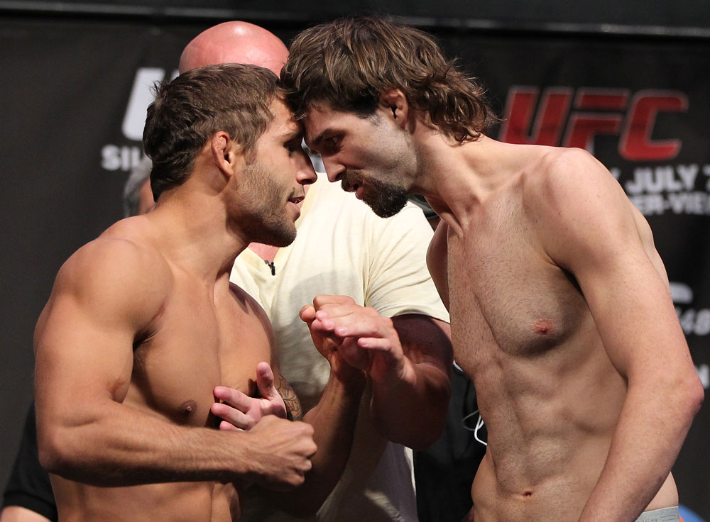 LAS VEGAS, NV - JULY 6: (L-R) Opponents Chad Mendes and Cody McKenzie face off during the UFC 148 Weigh In at the Mandalay Bay Events Center on July 6, 2012 in Las Vegas, Nevada. (Photo by Josh Hedges/Zuffa LLC/Zuffa LLC via Getty Images)