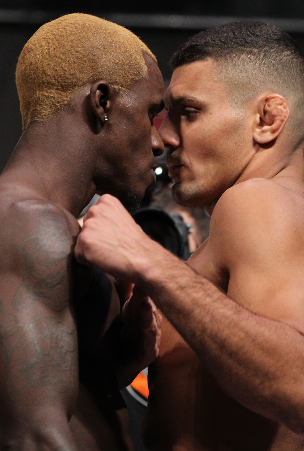 LAS VEGAS, NV - JULY 6: (L-R) Opponents Melvin Guillard and Fabricio Camoes face off during the UFC 148 Weigh In at the Mandalay Bay Events Center on July 6, 2012 in Las Vegas, Nevada. (Photo by Josh Hedges/Zuffa LLC/Zuffa LLC via Getty Images)