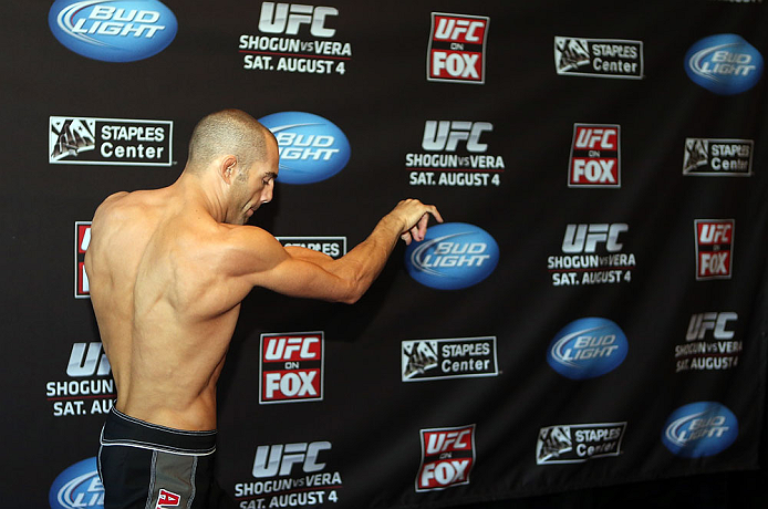LOS ANGELES - AUGUST 01:  Mike Swick works out for the media during the UFC on FOX open workouts at the J.W. Marriott on August 1, 2012 in Los Angeles, California. (Photo by Josh Hedges/Zuffa LLC/Zuffa LLC via Getty Images)