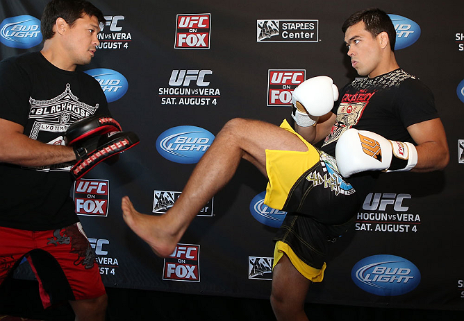 LOS ANGELES - AUGUST 01:  Lyoto Machida works out for the media during the UFC on FOX open workouts at the J.W. Marriott on August 1, 2012 in Los Angeles, California. (Photo by Josh Hedges/Zuffa LLC/Zuffa LLC via Getty Images)