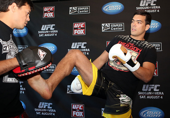 LOS ANGELES - AUGUST 01:  Lyoto Machida works out for the media during the UFC on FOX open workouts at the J.W. Marriott on August 1, 2012 in Los Angeles, California. (Photo by Josh Hedges/Zuffa LLC/Zuffa LLC via Getty Images)
