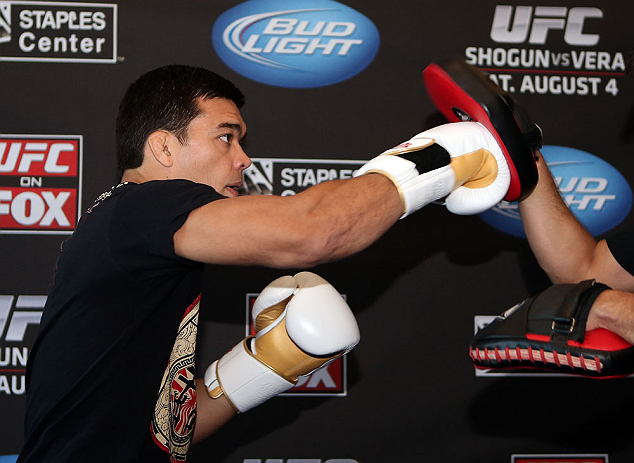 LOS ANGELES - AUGUST 01:  Lyoto Machida works out for the media during the UFC on FOX open workouts at the J.W. Marriott on August 1, 2012 in Los Angeles, California. (Photo by Josh Hedges/Zuffa LLC/Zuffa LLC via Getty Images)
