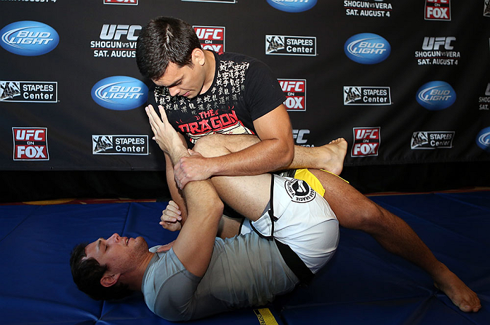 LOS ANGELES - AUGUST 01:  Lyoto Machida works out for the media during the UFC on FOX open workouts at the J.W. Marriott on August 1, 2012 in Los Angeles, California. (Photo by Josh Hedges/Zuffa LLC/Zuffa LLC via Getty Images)