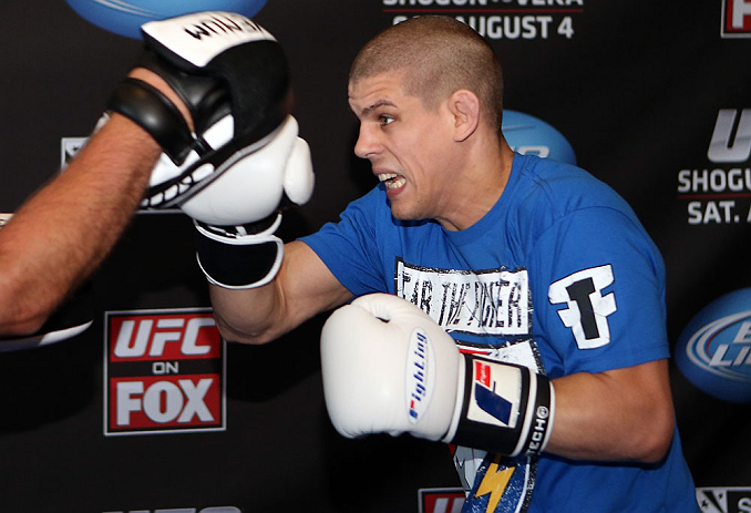 LOS ANGELES - AUGUST 01:  Joe Lauzon works out for the media during the UFC on FOX open workouts at the J.W. Marriott on August 1, 2012 in Los Angeles, California. (Photo by Josh Hedges/Zuffa LLC/Zuffa LLC via Getty Images)