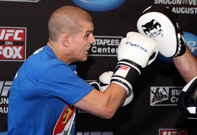 LOS ANGELES - AUGUST 01:  Joe Lauzon works out for the media during the UFC on FOX open workouts at the J.W. Marriott on August 1, 2012 in Los Angeles, California. (Photo by Josh Hedges/Zuffa LLC/Zuffa LLC via Getty Images)