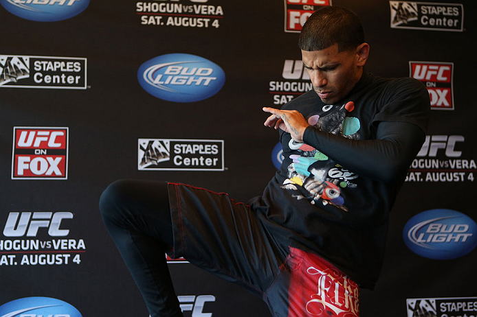 LOS ANGELES - AUGUST 01:  DaMarques Johnson works out for the media during the UFC on FOX open workouts at the J.W. Marriott on August 1, 2012 in Los Angeles, California. (Photo by Josh Hedges/Zuffa LLC/Zuffa LLC via Getty Images)