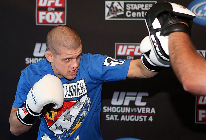 LOS ANGELES - AUGUST 01:  Joe Lauzon works out for the media during the UFC on FOX open workouts at the J.W. Marriott on August 1, 2012 in Los Angeles, California. (Photo by Josh Hedges/Zuffa LLC/Zuffa LLC via Getty Images)