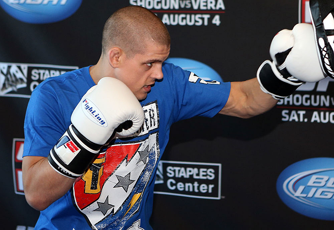LOS ANGELES - AUGUST 01:  Joe Lauzon works out for the media during the UFC on FOX open workouts at the J.W. Marriott on August 1, 2012 in Los Angeles, California. (Photo by Josh Hedges/Zuffa LLC/Zuffa LLC via Getty Images)