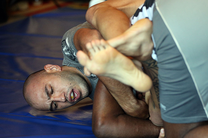 LOS ANGELES - AUGUST 01:  Brandon Vera works out for the media during the UFC on FOX open workouts at the J.W. Marriott on August 1, 2012 in Los Angeles, California. (Photo by Josh Hedges/Zuffa LLC/Zuffa LLC via Getty Images)