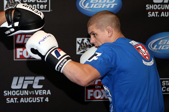 LOS ANGELES - AUGUST 01:  Joe Lauzon works out for the media during the UFC on FOX open workouts at the J.W. Marriott on August 1, 2012 in Los Angeles, California. (Photo by Josh Hedges/Zuffa LLC/Zuffa LLC via Getty Images)