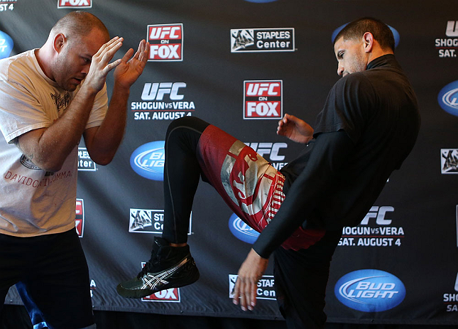 LOS ANGELES - AUGUST 01:  DaMarques Johnson works out for the media during the UFC on FOX open workouts at the J.W. Marriott on August 1, 2012 in Los Angeles, California. (Photo by Josh Hedges/Zuffa LLC/Zuffa LLC via Getty Images)