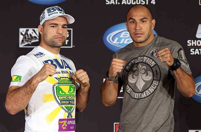 LOS ANGELES - AUGUST 02: (L-R) Opponents Mauricio ''Shogun'' Rua and Brandon Vera pose for photos during the UFC on FOX press conference at the J.W. Marriott on August 2, 2012 in Los Angeles, California. (Photo by Josh Hedges/Zuffa LLC/Zuffa LLC via Getty Images)