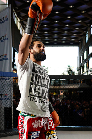 MONTREAL, QC - MARCH 13: Johny Hendricks conducts an open training session for fans and media ahead of his UFC 158 bout at Complexe Desjardins on March 13, 2013 in Montreal, Quebec, Canada. (Photo by Josh Hedges/Zuffa LLC/Zuffa LLC via Getty Images)