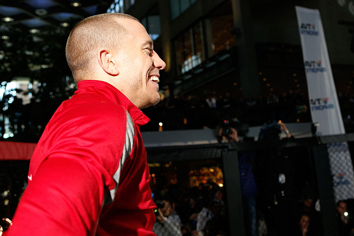 MONTREAL, QC - MARCH 13: UFC welterweight champion Georges St-Pierre stands in the Octagon during the UFC 158 open workouts at Complexe Desjardins on March 13, 2013 in Montreal, Quebec, Canada. (Photo by Josh Hedges/Zuffa LLC/Zuffa LLC via Getty Images)