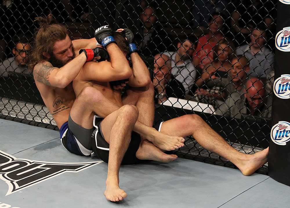 LAS VEGAS, NV - JUNE 01: (L-R) Michael Chiesa attempts to submit Al Iaquinta in a Lightweight bout during The Ultimate Fighter Live Finale at the Pearl Theater at the Palms Casino Resort on June 1, 2012 in Las Vegas, Nevada. (Photo by Josh Hedges/Zuffa LLC/Zuffa LLC via Getty Images) *** Local Caption *** Al Iaquinta; Michael Chiesa