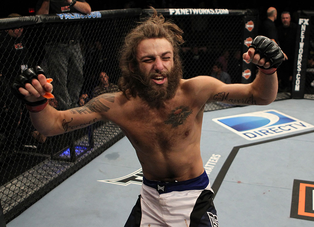 LAS VEGAS, NV - JUNE 01: Michael Chiesa reacts to his submission victory in a Lightweight bout against Al Iaquinta during The Ultimate Fighter Live Finale at the Pearl Theater at the Palms Casino Resort on June 1, 2012 in Las Vegas, Nevada. (Photo by Josh Hedges/Zuffa LLC/Zuffa LLC via Getty Images) *** Local Caption *** Michael Chiesa
