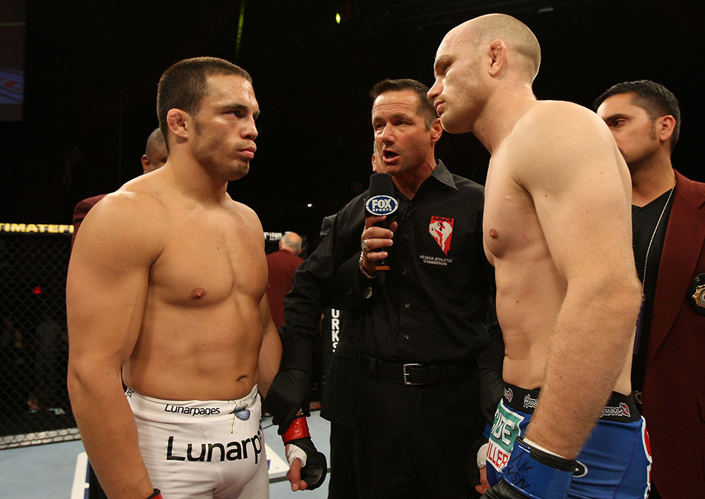 LAS VEGAS, NV - JUNE 01: (L-R) Jake Ellenberger and Martin Kampmann face off before their welterweight bout during The Ultimate Fighter Live Finale at the Pearl Theater at the Palms Casino Resort on June 1, 2012 in Las Vegas, Nevada. (Photo by Josh Hedges/Zuffa LLC/Zuffa LLC via Getty Images) *** Local Caption *** Jake Ellenberger; Martin Kampmann
