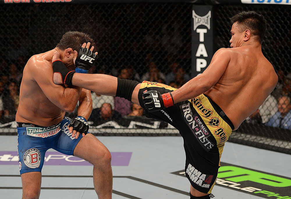 LAS VEGAS, NV - JULY 7:   Cung Le (right) kicks Patrick Cote during their middleweight bout at UFC 148 inside MGM Grand Garden Arena on July 7, 2012 in Las Vegas, Nevada.  (Photo by Donald Miralle/Zuffa LLC/Zuffa LLC via Getty Images)  *** Local Caption *** Cung Le; Patrick Cote