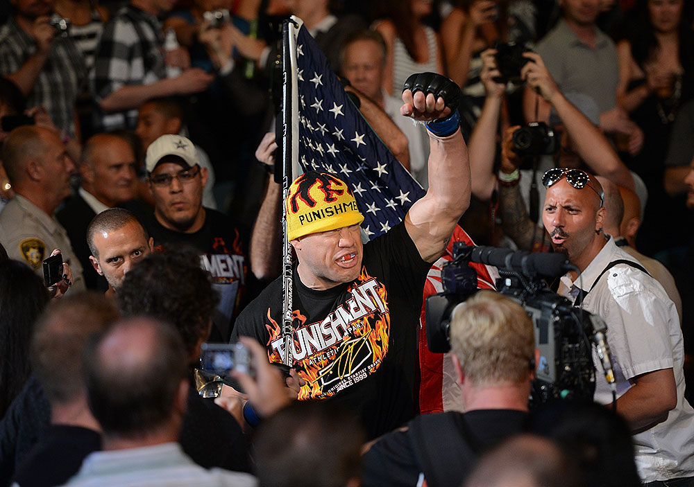 LAS VEGAS, NV - JULY 7:   Tito Ortiz walks to the Octagon before his light heavyweight bout with Forrest Griffin at UFC 148 inside MGM Grand Garden Arena on July 7, 2012 in Las Vegas, Nevada.  (Photo by Donald Miralle/Zuffa LLC/Zuffa LLC via Getty Images)  *** Local Caption *** Tito Ortiz