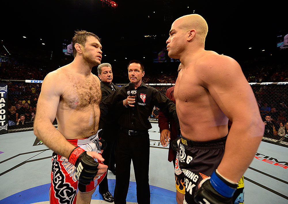 LAS VEGAS, NV - JULY 7:   (L-R) Forrest Griffin and Tito Ortiz face off before their light heavyweight bout at UFC 148 inside MGM Grand Garden Arena on July 7, 2012 in Las Vegas, Nevada.  (Photo by Donald Miralle/Zuffa LLC/Zuffa LLC via Getty Images)  *** Local Caption *** Tito Ortiz; Forrest Griffin
