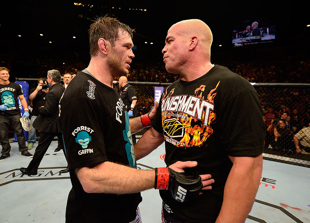LAS VEGAS, NV - JULY 7:   (L-R) Forrest Griffin and Tito Ortiz congratulate one another after their light heavyweight bout at UFC 148 inside MGM Grand Garden Arena on July 7, 2012 in Las Vegas, Nevada.  (Photo by Donald Miralle/Zuffa LLC/Zuffa LLC via Getty Images)  *** Local Caption *** Tito Ortiz; Forrest Griffin