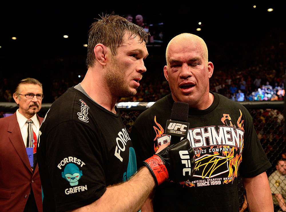 LAS VEGAS, NV - JULY 7:   (L-R) Forrest Griffin interviews Tito Ortiz after their light heavyweight bout at UFC 148 inside MGM Grand Garden Arena on July 7, 2012 in Las Vegas, Nevada.  (Photo by Donald Miralle/Zuffa LLC/Zuffa LLC via Getty Images)  *** Local Caption *** Tito Ortiz; Forrest Griffin