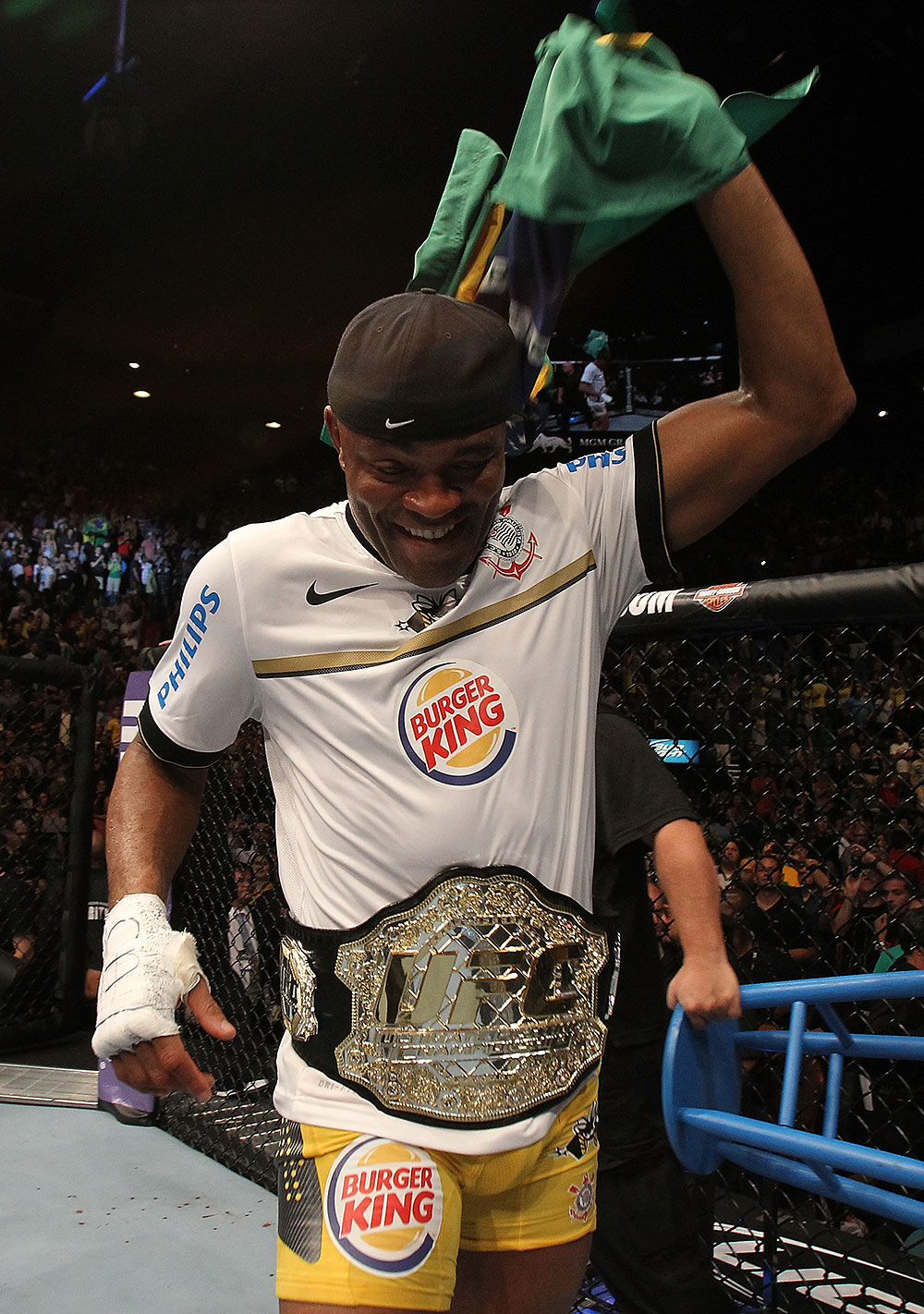 LAS VEGAS, NV - JULY 7:   Anderson Silva reacts to his win over Chael Sonnen after their UFC middleweight championship bout at UFC 148 inside MGM Grand Garden Arena on July 7, 2012 in Las Vegas, Nevada.  (Photo by Josh Hedges/Zuffa LLC/Zuffa LLC via Getty Images)  *** Local Caption *** Anderson Silva